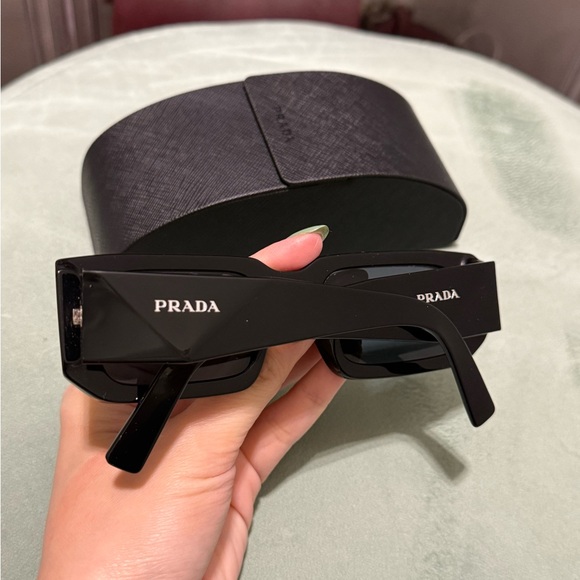 Prada Accessories - Prada Glossy Black Logo Rectangular Sunglasses